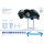 Ein schwarzes Auto ist auf einer blauen Unterflur-Hebebühne mit zwei Hydraulikzylindern angehoben, sodass alle vier Räder frei in der Luft hängen. Links im Bild befinden sich technische Zeichnungen und Maße der Hebebühne in Blau auf weißem Hintergrund. Unten sind technische Spezifikationen und Symbole abgebildet. Oben rechts sind Siegel und das Logo „Made in Italy“ zu sehen.