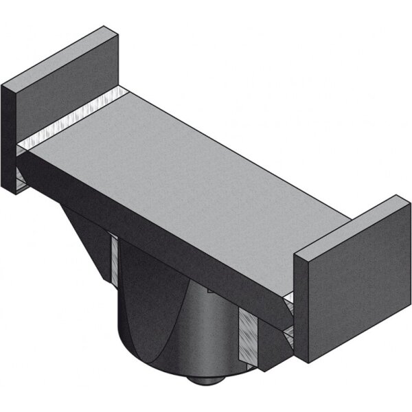 Das Bild zeigt ein technisches Bauteil in isometrischer Darstellung. Es handelt sich um einen rechteckigen Körper mit zwei rechtwinkligen, senkrecht stehenden Platten an den kurzen Seiten. Unterhalb des mittleren rechteckigen Bereichs ist eine kegelförmige Vertiefung oder Ausbuchtung zu sehen. Das Material des Bauteils wirkt massiv und metallisch.