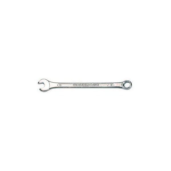 Das Bild zeigt einen silbernen Schraubenschlüssel. Er ist aus Metall gefertigt und hat an einem Ende einen offenen Gabelkopf, der zum Greifen von Muttern oder Schrauben dient. Am anderen Ende befindet sich ein Ringkopf, der auch zum Festziehen oder Lösen von Schrauben oder Muttern verwendet werden kann. Der Schraubenschlüssel hat eine schlanke, längliche Form und die Oberfläche ist glatt und glänzend. Auf dem Griff sind Zahlen und Buchstaben eingraviert, die vermutlich Größen- oder Markenangaben darstellen.