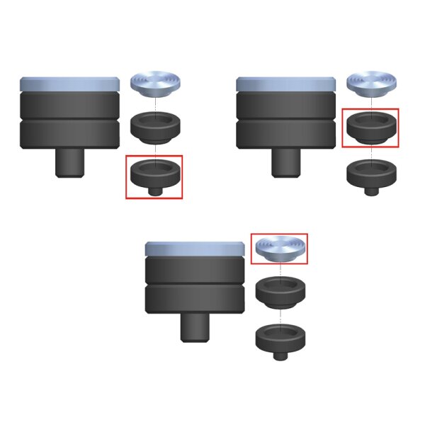 Das Bild zeigt drei technische Zeichnungen von einem dreiteiligen Bauteil, das jeweils auseinandergezogen dargestellt wird; in jedem Bild sind die drei Einzelteile (oben eine silberne Scheibe, in der Mitte und unten jeweils schwarze, zylindrische Elemente) untereinander angeordnet, wobei sich die jeweilige Reihenfolge unterscheidet; die zugehörigen Bauteile sind in jedem Bild mit einem roten Quadrat markiert.