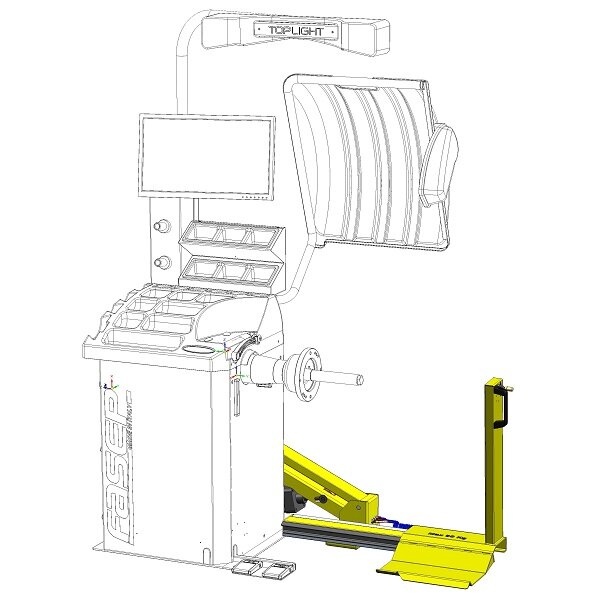 Das Bild zeigt eine technische Zeichnung einer Reifenmontier- oder Auswuchtmaschine für Werkstätten. Die Maschine besteht aus einem Hauptgehäuse mit angedeuteter Bedieneinheit und Bildschirm, mehreren kleinen Ablagefächern, einem Greif- oder Spannarm für das Rad sowie einem gelb markierten Hebearm zum Anheben von schweren Reifen.