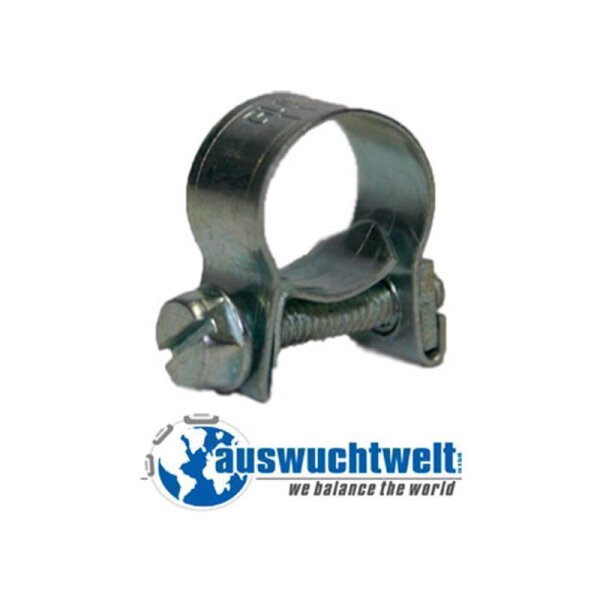 Das Bild zeigt eine metallene Schlauchschelle mit Schraubmechanismus, darunter befindet sich das Logo „auswuchtwelt“ mit dem Slogan „we balance the world“ und einer stilisierten Weltkugel.
