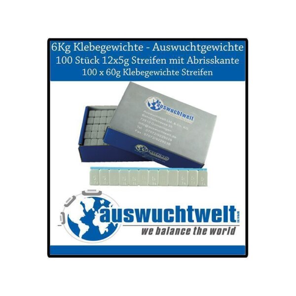 6Kg Klebegewichte - Auswuchtgewichte 100 Stück 12x5g Streifen mit Abrisskante 100 x 60g Klebegewichte Streifen Auswuchtwelt GmbH & Co. KG Bahnhofstraße 35 73110 Hattenhofen info@auswuchtwelt.de Tel 07023/748226 Fax 07023/9282930 auswuchtwelt we balance the world
