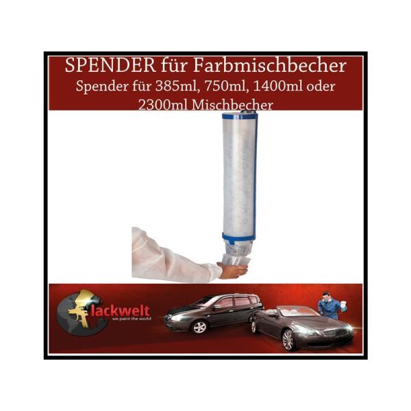 Das Bild zeigt einen Spender für Farbmischbecher, der an der Wand befestigt ist und nach unten Becher ausgibt. Eine Hand greift einen Mischbecher aus dem Spender. Im unteren Bildbereich sind zwei Autos und eine Person im Maleroverall mit einem Farbbecher abgebildet. Oben steht der Text: SPENDER für Farbmischbecher, Spender für 385ml, 750ml, 1400ml oder 2300ml Mischbecher. Unten links ist das Logo lackwelt we paint the world.