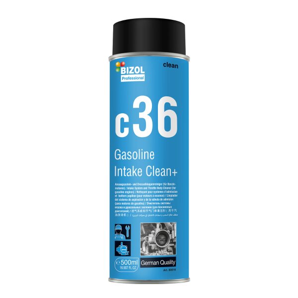 Auf dem Bild ist eine Sprühdose mit schwarzem Deckel abgebildet, deren Etikett überwiegend blau ist und die Aufschrift BIZOL Professional c36 Gasoline Intake Clean+ trägt. Darunter steht in mehreren Sprachen, dass es sich um einen Reiniger für Ansaugsystem und Drosselklappe bei Benzinmotoren handelt. Unten links befinden sich Symbole für Schutzmaske und Schraubenschlüssel, das Volumen der Dose (500 ml / 16.907 FL OZ) und der Hinweis „German Quality“. Es ist außerdem das Foto eines Motorteils zu sehen und die Artikelnummer 80016 steht am unteren Rand.