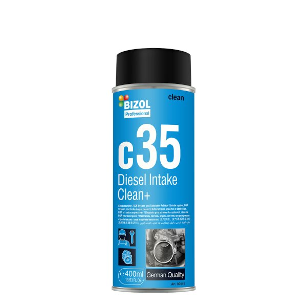 Auf dem Bild ist eine Spraydose mit schwarzem Deckel und blauem Etikett zu sehen. Auf dem Etikett steht „BIZOL Professional clean“, „c35 Diesel Intake Clean+“. Unten sind Piktogramme für Schutzmaßnahmen und Anwendung, eine Mengenangabe von 400 ml (13,53 fl oz), die Bezeichnung „German Quality“ und die Artikelnummer 80015. Das Etikett zeigt außerdem ein Foto eines Motorenteils.