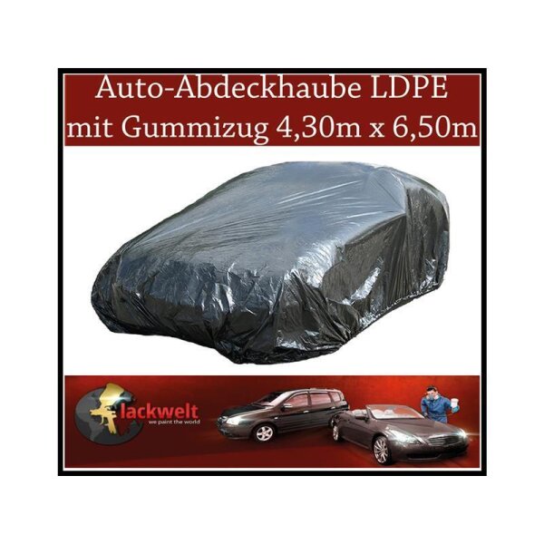 Das Bild zeigt eine große schwarze Abdeckhaube aus Kunststoff, die ein Auto vollständig bedeckt. Oben steht in weißer Schrift auf rotem Hintergrund: Auto-Abdeckhaube LDPE mit Gummizug 4,30m x 6,50m. Unten befindet sich ein weiterer roter Bereich mit einem runden Logo mit der Aufschrift lackwelt, daneben sind zwei Autos und eine Person, die ein Auto reinigt, abgebildet.