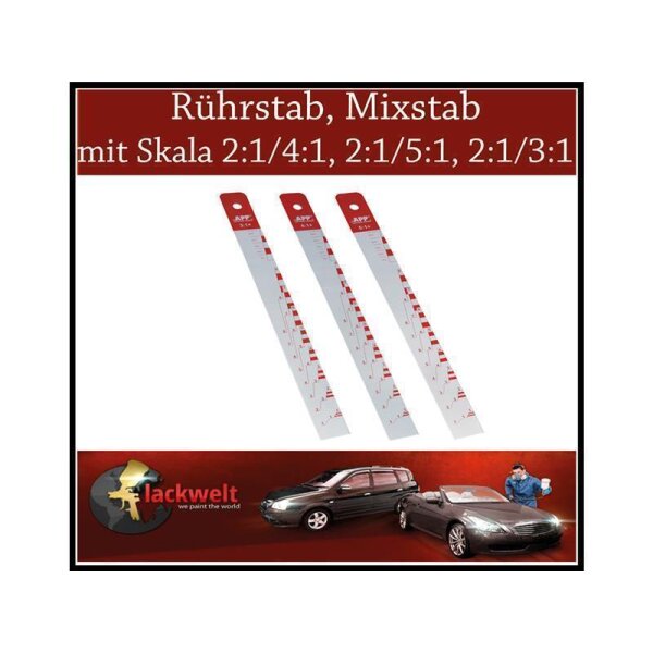 Das Bild zeigt drei lange, schmale, weiße Rührstäbe mit rotem Griff, die jeweils rote Skalen und Schriftzüge besitzen. Oben im Bild steht in weißer Schrift auf rotem Hintergrund: „Rührstab, Mixstab mit Skala 2:1/4:1, 2:1/5:1, 2:1/3:1“. Unten ist ein rotes Feld mit einem Logo links („lackwelt, we paint the world“) und zwei Autos, neben denen eine Person im blauen Overall mit Lackierpistole steht.