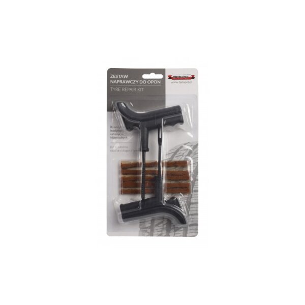 Auf dem Bild ist ein Reifenset zur Reparatur von Reifen abgebildet, das in einer durchsichtigen Plastikverpackung geliefert wird. Das Set enthält zwei schwarze Werkzeuge mit T-Griff sowie mehrere braune Reparaturstreifen, die nebeneinander angeordnet sind. Die Verpackung trägt die Aufschrift „ZESTAW NAPRAWCZY DO OPON“ sowie „TYRE REPAIR KIT“.