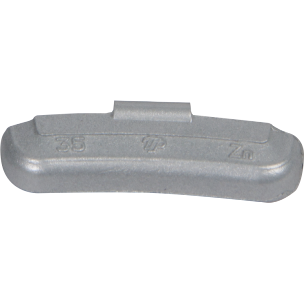 Das Bild zeigt ein silbernes, gebogenes Metallgewicht mit einer kleinen Klammer oben, auf dem die Zahlen und Buchstaben 35, Zn und ein Symbol eingeprägt sind.
