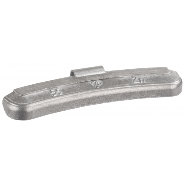 Das Bild zeigt ein gebogenes, silberfarbenes Metallgewicht mit einer Klemmvorrichtung in der Mitte und den eingeprägten Zeichen „55“, „TP“ und „Zn“.