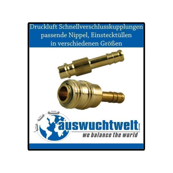 Das Bild zeigt zwei metallene Druckluft-Schnellverschlusskupplungen, eine Kupplung und einen passenden Nippel mit Einstecktülle. Im oberen Bereich des Bildes steht folgender Text: Druckluft Schnellverschlusskupplungen passende Nippel, Einstecktüllen in verschiedenen Größen. Am unteren Rand des Bildes befinden sich Bilder von roten Motorrädern oder Quads.