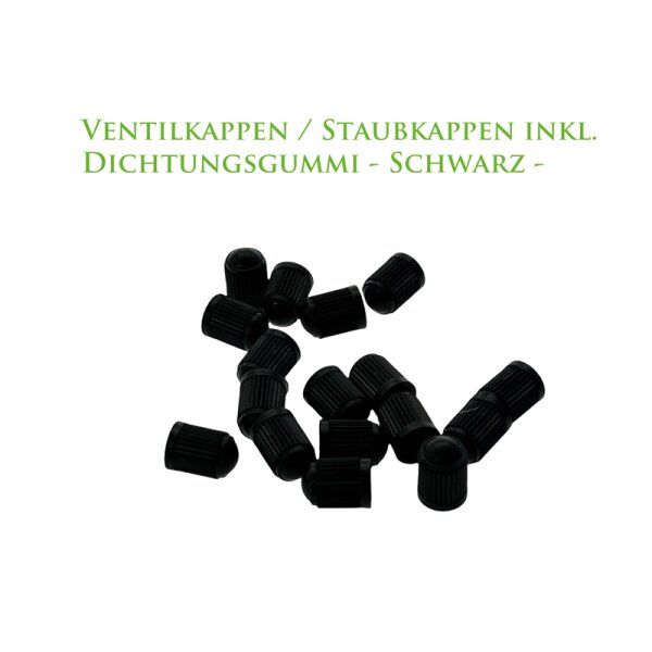 Das Bild zeigt eine Gruppe von schwarzen Ventilkappen oder Staubkappen mit Dichtungsringen. Die Kappen sind zylinderförmig und gerippt. Darüber befindet sich ein Text, der in grüner Schrift formuliert ist: Ventilkappen / Staubkappen inkl. Dichtungsgummi - Schwarz. Die Kappen liegen auf einer weißen Oberfläche.
