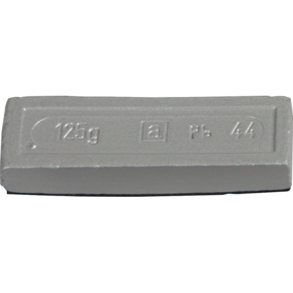 Ein rechteckiger, grauer Metallbarren mit der Prägung „125g [a] Pb 44“.