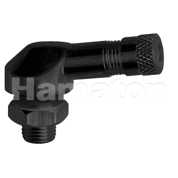 Das Bild zeigt ein schwarzes Ventil, das in einem rechten Winkel gebogen ist. Unten ist das Ventil mit einem Gewinde versehen, oben ist es mit einer geriffelten Verschlusskappe ausgestattet. Das Wort „Hamaton“ ist halbtransparent über das Bild gelegt.