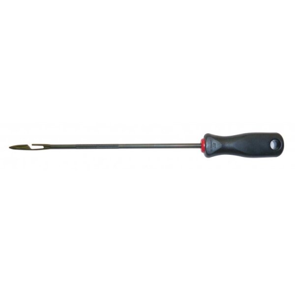 Das Bild zeigt ein langes Werkzeug mit einem schwarzen, ergonomisch geformten Griff und einer langen, dünnen Metallstange, die vorn eine flache, längliche Spitze mit einer Öffnung hat.