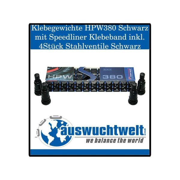 Das Bild zeigt schwarze Klebegewichte HPW380 mit Speedliner Klebeband sowie vier schwarze Stahlventile, platziert vor der Verpackung, darüber steht in weißer Schrift auf blauem Hintergrund: Klebegewichte HPW380 Schwarz mit Speedliner Klebeband inkl. 4Stück Stahlventile Schwarz, unten ist das Logo der Firma auswuchtwelt mit dem Schriftzug we balance the world zu sehen.