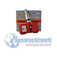 Das Bild zeigt einen Reifendrucksensor mit einem roten...