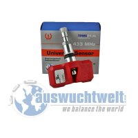 Das Bild zeigt einen Reifendrucksensor mit einem roten...