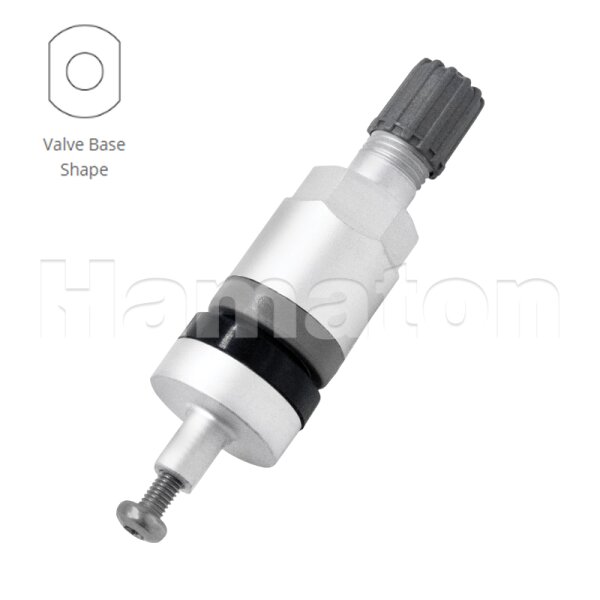 Das Bild zeigt ein silbernes Metallventil mit einem grauen Kunststoffkopf und einer schwarzen Gummidichtung, das schräg auf weißem Hintergrund liegt, links oben ist eine schematische Zeichnung mit der Beschriftung Valve Base Shape, auf dem Ventil ist der Schriftzug Hamaton zu erkennen.