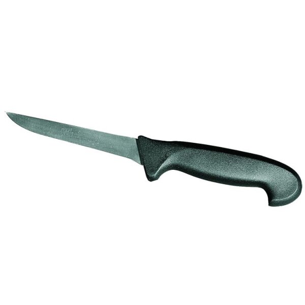 Das Bild zeigt ein Messer mit einer schmalen, spitz zulaufenden Klinge aus Metall und einem schwarzen, ergonomisch geformten Kunststoffgriff.