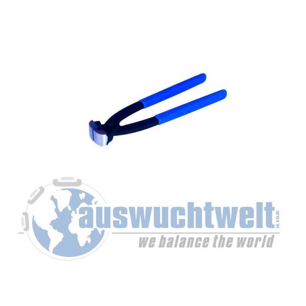 Das Bild zeigt eine Zange mit blauen Griffen und schwarzem Mittelteil; im unteren Bereich des Bildes ist das Logo von auswuchtwelt mit dem Text we balance the world und einem stilisierten Globus abgebildet.
