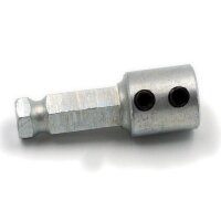 Das Bild zeigt einen metallischen Adapter mit einem...