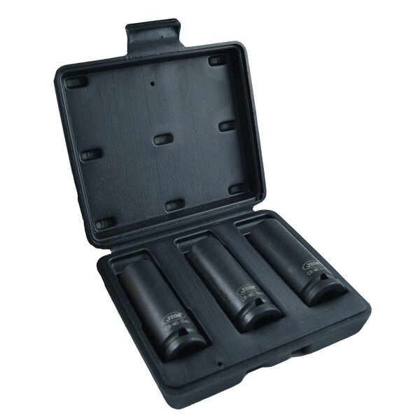 Das Bild zeigt eine schwarze Plastikbox, die geöffnet ist und drei schwarze, zylindrische Metallwerkzeuge enthält, die in separaten Fächern liegen.