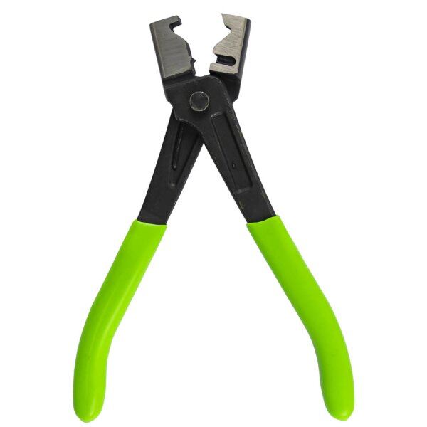 Das Bild zeigt eine Zange mit schwarzen Metallteilen und zwei leuchtend grünen, ergonomisch geformten Griffen. Die Zange besitzt einen speziellen Kopf mit zwei unterschiedlich geformten Backen, die Öffnungen und Einkerbungen aufweisen. Die Griffe sind unten leicht gebogen, sodass sie gut in der Hand liegen. Die Zange liegt auf weißem Hintergrund.