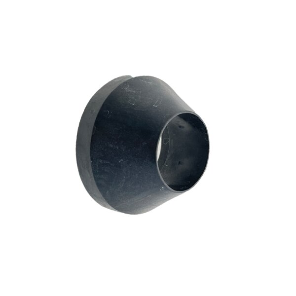 Das Bild zeigt ein schwarzes, trichterförmiges Kunststoffteil mit zwei unterschiedlich großen Öffnungen, das auf weißem Hintergrund liegt.