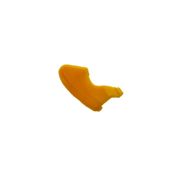 Das Bild zeigt ein einzelnes kleines gelbes Objekt aus Plastik, das die Form eines Schuhs oder Stiefels hat und auf weißem Hintergrund zentriert liegt.