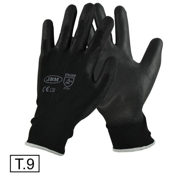 Zwei schwarze Arbeitshandschuhe aus einem dünnen, flexiblen Material sind abgebildet, einer zeigt die Handfläche, der andere den Handrücken mit weißen Aufdrucken, darunter das Logo „JBM“, die Norm „EN388“, Piktogramme und Zahlen, unten links ist ein weißes Kästchen mit der Aufschrift „T.9“.