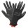 Auf dem Bild sind zwei schwarze Arbeitshandschuhe aus Gewebe mit gummierter Handfläche und Fingerspitzen zu sehen, die Handgelenksabschlüsse sind rot umrandet, auf dem Handrücken eines Handschuhs sind weiße Aufdrucke mit Herstellerlogo, Normen und Kennzeichnungen zu erkennen.