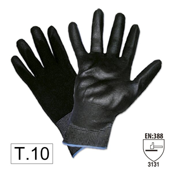 Das Bild zeigt ein Paar schwarze Arbeitshandschuhe, wobei ein Handschuh mit der Handfläche nach oben und der andere mit dem Handrücken nach oben zu sehen ist. Unten links steht in einem weißen Kasten „T.10“ und unten rechts ist ein Symbol mit dem Text „EN:388 3131“ abgebildet.