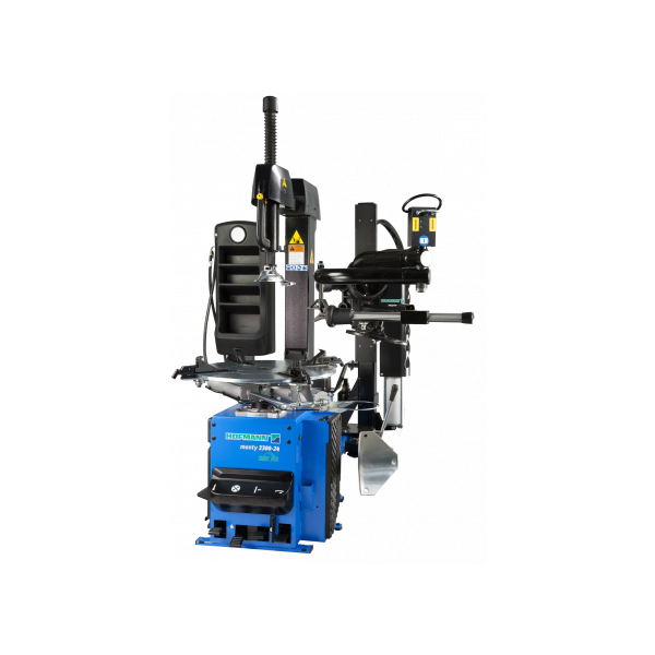 Das Bild zeigt eine professionelle Reifenmontiermaschine in blauer Farbe mit schwarzem oberen Aufbau und mehreren mechanischen Armen sowie Hebeln zum Demontieren und Montieren von Autoreifen auf Felgen. Das Gerät besitzt verschiedene Bedienelemente, eine Spannvorrichtung für das Rad und ist mit einem Markenlogo „HOFMANN“ versehen.