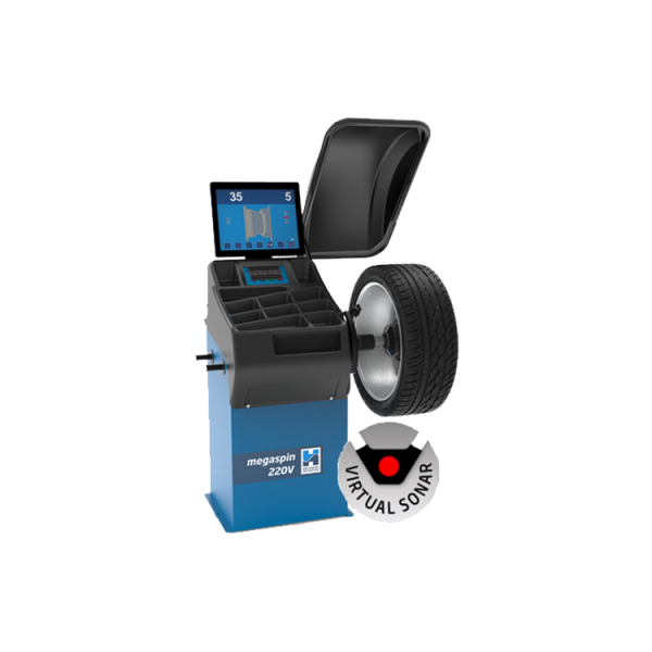 Das Bild zeigt eine blaue digitale Auswuchtmaschine mit der Aufschrift megaspin 220V und einem angeschlossenen Autoreifen. Oben an der Maschine befindet sich ein Monitor mit einer grafischen Anzeige. Im unteren Bereich des Bildes ist ein rundes Symbol mit der Beschriftung VIRTUAL SONAR und einem roten Punkt in der Mitte zu sehen.
