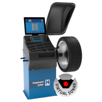 Das Bild zeigt eine blaue digitale Auswuchtmaschine mit...