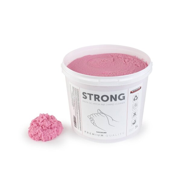 Das Bild zeigt einen weißen Plastikeimer mit einem rosa pastenartigen Inhalt, der als STRONG Hand Cleaner bezeichnet ist; auf dem Eimer sind Symbole für Recycling, Handwäsche und Qualität sowie eine gezeichnete Hand zu sehen, daneben liegt ein kleiner Haufen der rosa Paste auf der weißen Oberfläche.