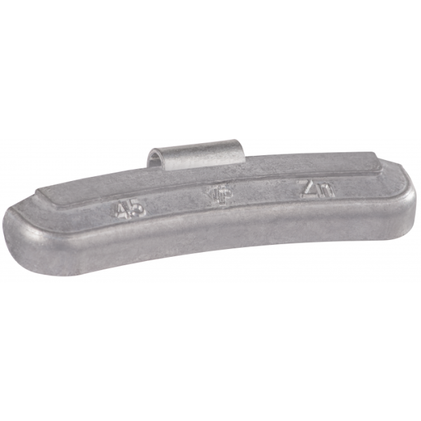 Das Bild zeigt ein gebogenes, silberfarbenes Metallgewicht mit einer Klemme auf der Oberseite, das als Auswuchtgewicht für Fahrzeugfelgen verwendet wird; auf dem Gewicht sind die Zeichen „45“, „NF“ und „Zn“ eingeprägt.