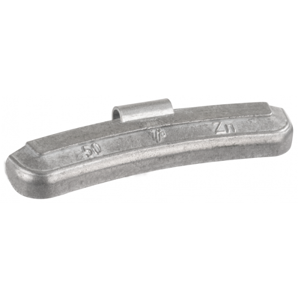 Das Bild zeigt ein silberfarbenes, leicht gebogenes Metallteil mit einer kleinen, mittigen Lasche zum Festklemmen, auf dem die Zahlen und Buchstaben „50“, „Typ“ und „Zn“ eingeprägt sind.