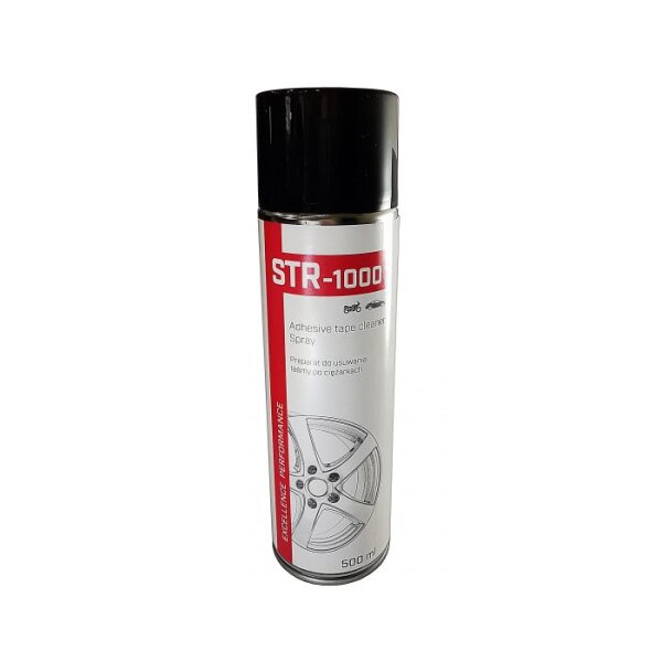 Auf dem Bild ist eine silberne Spraydose mit schwarzem Deckel zu sehen, auf deren Vorderseite ein rotes Etikett mit der Aufschrift STR-1000 steht. Darunter steht: Adhesive tape cleaner spray und 500 ml. Unten ist eine stilisierte Autoreifenfelge abgebildet.