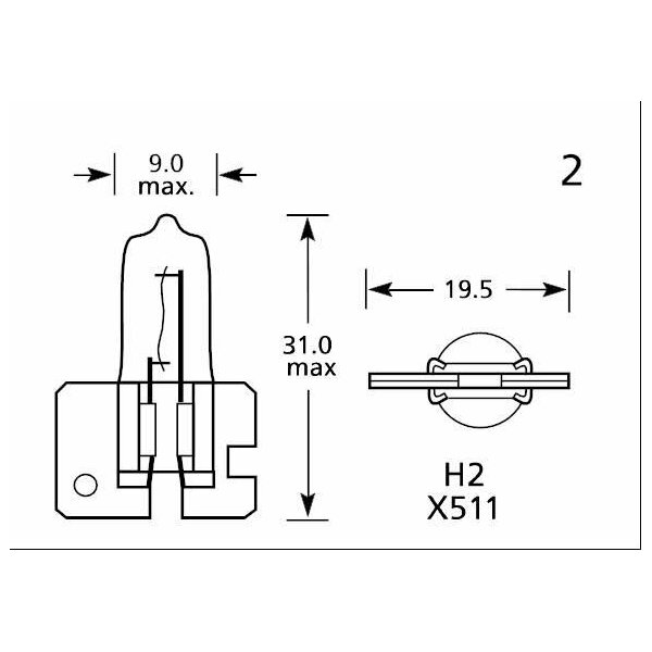 Das Bild zeigt eine technische Zeichnung einer Lampe. Auf der linken Seite ist eine Seitenansicht der Lampe dargestellt. Die Lampe hat eine maximale Höhe von 31,0 mm und eine maximale Breite von 9,0 mm. Auf der rechten Seite befindet sich eine Draufsicht der Lampe mit einer Breite von 19,5 mm. Unter der rechten Ansicht sind die Bezeichnungen H2 und X511 angegeben.