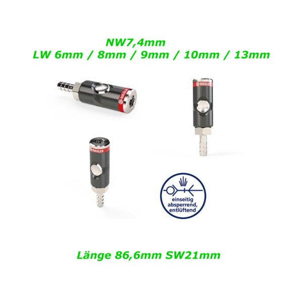 NW7,4mm LW 6mm / 8mm / 9mm / 10mm / 13mm Länge 86,6mm SW21mm einseitig absperrend, entlüftend