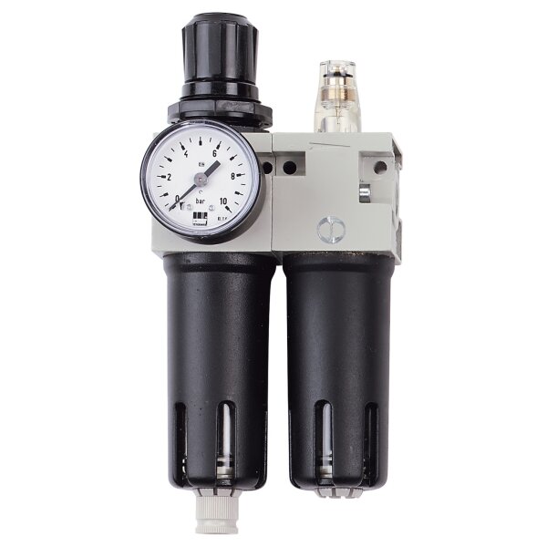 Das Bild zeigt ein technisches Gerät, bestehend aus zwei zylinderförmigen schwarzen Behältern, die nach unten zeigen und in einem grauen Gehäuse sitzen. Auf dem Gehäuse ist links ein rundes Manometer mit einer Skala von 0 bis 10 bar und einem Zeiger, darüber ein großer schwarzer Drehknopf. Rechts oben befindet sich ein transparenter kleiner Behälter. Das gesamte Gerät hat eine industrielle Optik und wird in der Regel als Druckluftwartungseinheit in technischen Anlagen eingesetzt.