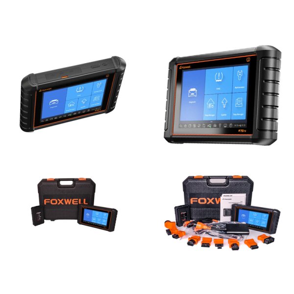 Das Bild zeigt ein elektronisches Diagnosegerät mit Touchscreen, das in einer robusten, schwarzen und orangefarbenen Umhüllung steckt. Es wird aus verschiedenen Perspektiven und mit Zubehör wie einem Hartschalenkoffer, mehreren Kabeln und Steckern dargestellt. Auf dem Display sind mehrere Symbole und Menüpunkte zu sehen, das Gerät trägt die Marke FOXWELL.