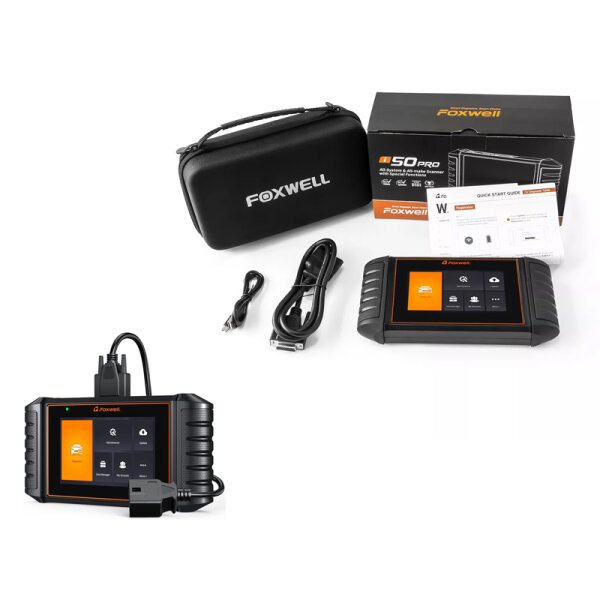 Das Bild zeigt ein Diagnosegerät der Marke Foxwell mit robustem, schwarzem Gehäuse und großem Farbdisplay, dazugehörige Kabel, eine schwarze Transporttasche mit Foxwell-Logo, eine Bedienungsanleitung und die Verpackung, auf der „Foxwell“ und „i50Pro All-System Automotive Scanner“ steht.