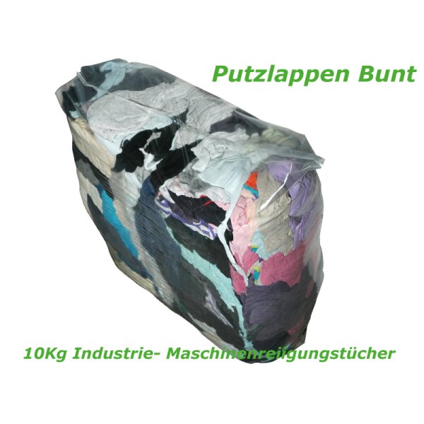 Auf dem Bild ist ein transparenter Kunststoffbeutel zu sehen, der mit verschiedenfarbigen Putzlappen gefüllt ist. Oben rechts steht in grüner Schrift: „Putzlappen Bunt“. Unten in grüner Schrift steht: „10Kg Industrie- Maschinenreinigungstücher“.
