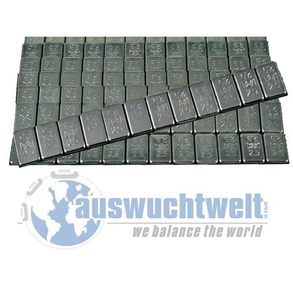 Das Bild zeigt viele nebeneinander liegende silberfarbene Rechtecke, die kleine Metallgewichte sind. In der Mitte ist ein Streifen mit mehreren aneinandergereihten Gewichten leicht schräg über die anderen gelegt. Unten im Bild ist das Logo einer Weltkugel und daneben der Schriftzug „auswuchtwelt we balance the world“ zu sehen.