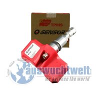 Das Bild zeigt einen roten Reifendrucksensor (TPMS) mit...