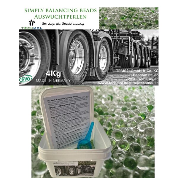 Das Bild zeigt oben den grünen Titel SIMPLY BALANCING BEADS AUSWUCHTPERLEN und darunter das Logo und den Slogan We keep the World running des Unternehmens TECHMOL. Rechts oben sieht man viele kleine, durchsichtige und zum Teil grüne Kugeln. In der Bildmitte ist ein Foto mehrerer Lkw-Räder von der Seite zu sehen. Darauf steht: 4KG MADE IN GERMANY und die Unternehmensdaten: TPMS24GmbH & Co. KG Bahnhofstr. 35 72810 Gomaringen www.techmol.de info@techmol.de. Unten im Bild ist ein geöffneter Plastikbehälter mit einer Dosierhilfe und Auswuchtperlen zu sehen; im Hintergrund erkennt man wieder die abgebildeten Kugeln. Auf dem Behälter klebt ein Etikett, das auf die Produktbezeichnung und das Foto der Lkw-Räder verweist.